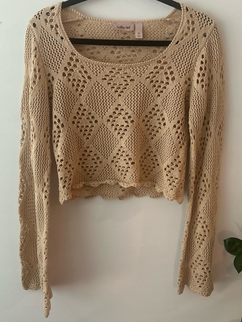 Willow & Root Boho Crochet Cropped Sweater Bell Sleeve Y2K Costal Cowgirl Top